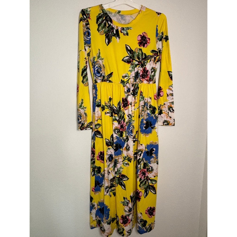 Yellow‎ Floral Long Sleeve Maxi Dress Empire Waist Crew Neck Casual Boho